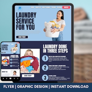 May include: Digital flyer design for a laundry service, displayed on a tablet and smartphone. The design features a woman holding a laundry basket, with text that reads "Laundry Service For You" and "Laundry Done in Three Steps."
