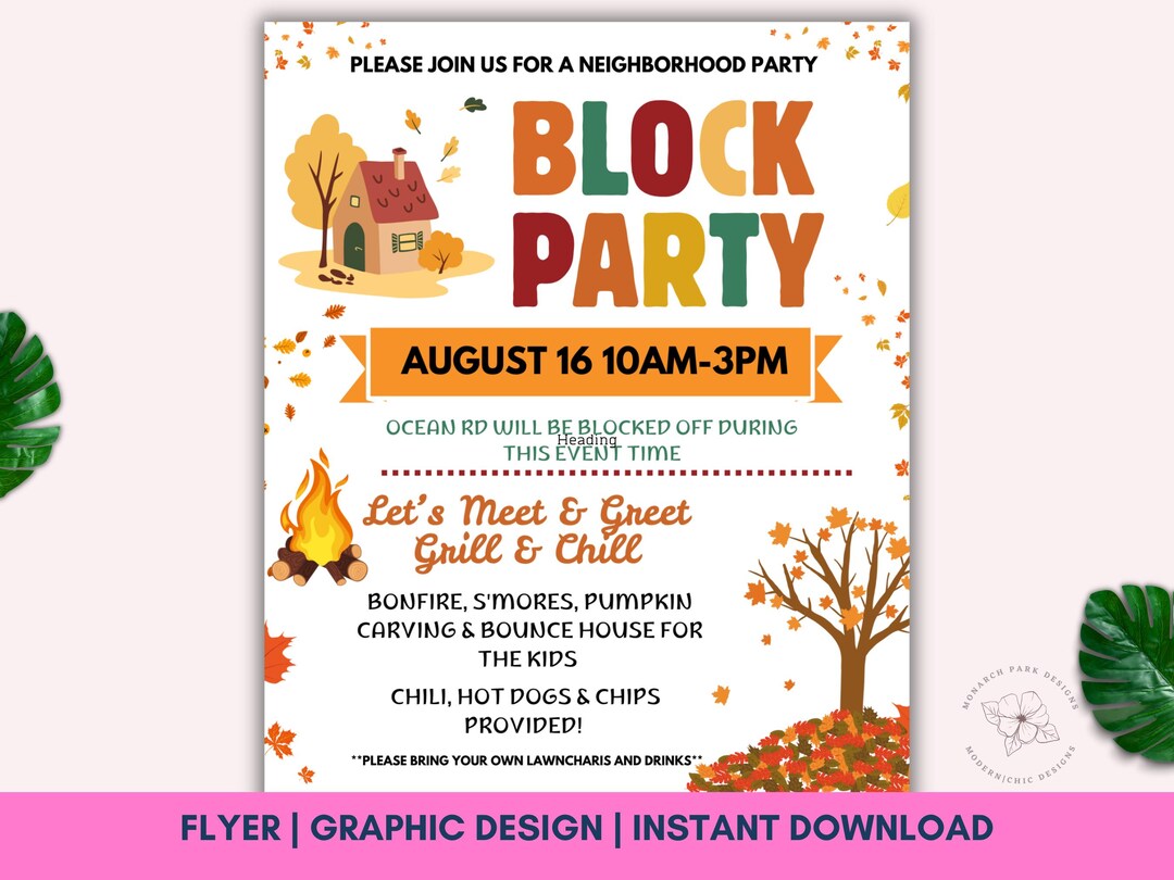 Editable Fall Block Party Flyer: Halloween Harvest Festival Invite ...