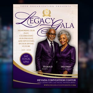 Könnte beinhalten: Ein Legacy Gala Veranstaltungsflyer mit einem Foto von Harold und Delores Mays in violetter Abendgarderobe. Der Text enthält: Your Organization Presents, Legacy Gala, Honoring our past, celebrating our present, and investing in our divine future, Est. 2018, Sat 11.14.26 6pm, Nevada Convention Center, 1234 Casino Hwy, Las Vegas, Nevada 80062 und www.foundationwebsite.com.