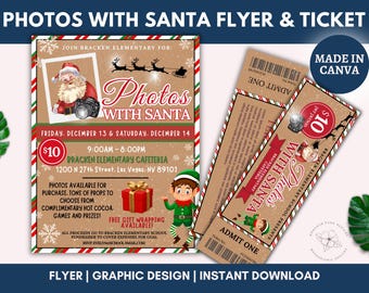 May include: A festive flyer and tickets for "Photos With Santa", featuring Santa Claus with a camera and an elf. The flyer includes event details: Friday, December 13 & Saturday, December 14, 9:00 AM - 8:00 PM.
