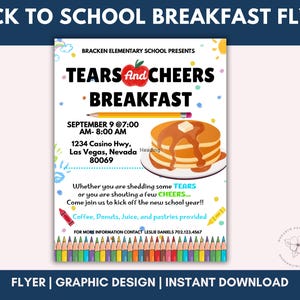 EDITABLE Tears and Cheers Breakfast, Printable PTA PTO Flyer Invite, School Fundraiser Poster, Back To School Invite, Canva Invitation