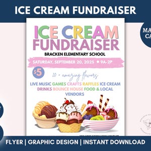 Ice Cream Social Flyer, Teacher Appreciation Week, Printable Ice Cream Fundraiser Party Invite, Church School PTA PTO Fundraiser, Canva Edit