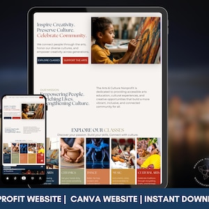 May include: A digital display of a nonprofit website template on a tablet and smartphone screen. The layout features the text Inspire Creativity, Preserve Culture, Celebrate Community, with sections for classes, mission statements, and various arts imagery.