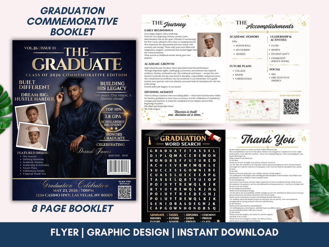 Graduation Program 8 Pages Graduation Booklet Template, 8 Page Senior Magazine Program, Editable ...