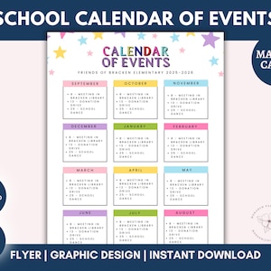 Editable PTA Calendar of Events Flyer, Calendar Template for PTO Monthly Event Dates, Homeschool Calendar, Canva