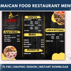 Edytowalne Jamajskie Menu Restauracji, Marketing Restauracyjny, Dzisiejsze Specjały, Specjały Lunchowe, Szablon Menu Jedzenia, Post w Mediach Społecznościowych, Canva