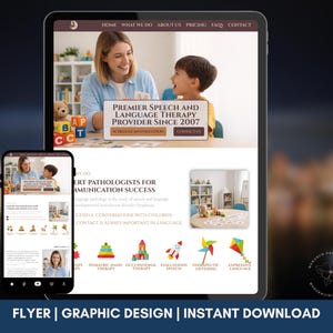 May include: A digital flyer design showcasing a speech and language therapy provider's website on a tablet and smartphone. The design includes images of a therapist and child, along with service details and contact information. Text includes "Premier Speech and Language Therapy Provider Since 2007."