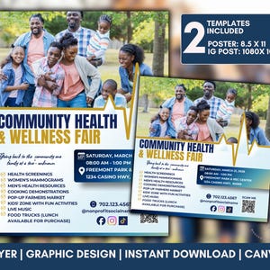Flyersjabloon Community Health Fair, wellnessevenement, bewerkbaar canva (digitale download)