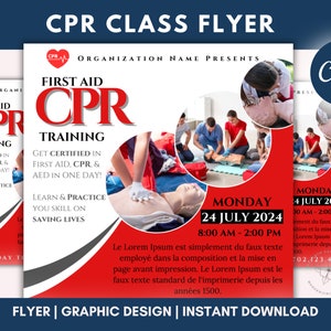 編集可能な CPR チラシ、応急処置証明書テンプレート、CPR トレーニング、BLS トレーニング、応急処置トレーニング、クラス チラシ、ソーシャル メディア、Canva で編集