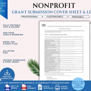 Op de afbeelding: Een sjabloon voor een voorblad en begeleidende brief voor non-profit subsidieaanvragen. Het document bevat velden voor organisatienaam, contactgegevens en projectbudget. Volledig bewerkbaar in Word-, PDF- en DOCX-bestandsformaten.