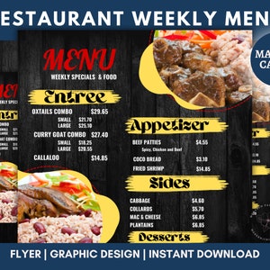 Edytowalna ulotka z jamajskim jedzeniem, marketing restauracji, dzisiejsze specjały, specjalne dania lunchowe, ulotka z menu jedzenia, post w mediach społecznościowych, edycja w Canva