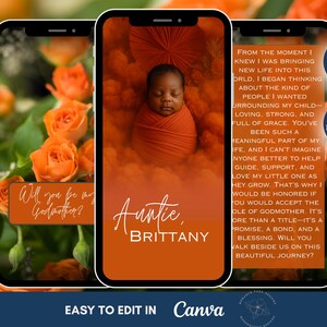 Você será minha madrinha editável, Pedido de casamento digital para madrinha, Laranja, Pergunte à madrinha, Cartão eletrônico para pedido de casamento para madrinha, Presente para madrinha, Modelo Canva