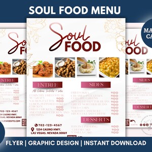 Edytowalne menu restauracji Soul Food, marketing restauracji, dzisiejsze specjały, specjalne dania lunchowe, szablon menu żywności, post w mediach społecznościowych, Canva