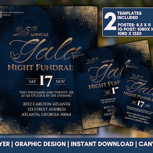 May include: A dark blue and gold gala fundraiser flyer template set featuring the text 25th Annual Gala Night Fundraiser, Saturday 17 November, and venue details. Includes two templates with dimensions 8.5 by 11 inches and social media sizes.