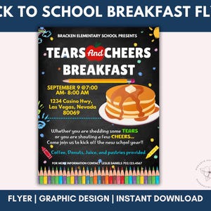 EDITABLE Tears and Cheers Breakfast, Printable PTA PTO Flyer Invite, School Fundraiser Poster, Back To School Invite, Canva Invitation