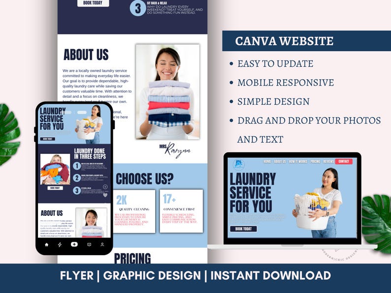 Laundry Service Website Template Editable Canva Design Etsy