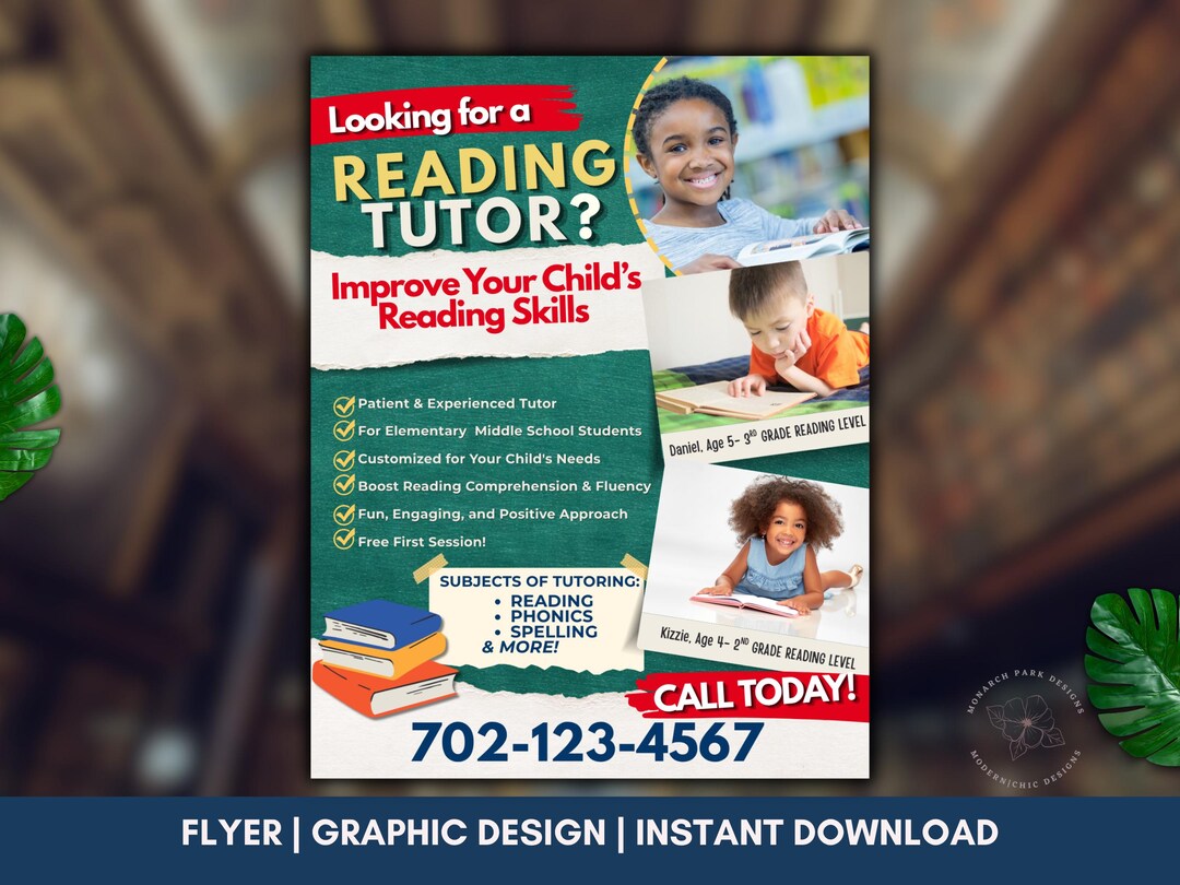 Reading Tutor Flyer Template, Literacy, Phonics, Elementary Skills ...