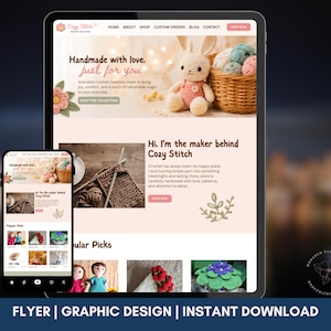May include: A tablet and smartphone displaying a website for Cozy Stitch, featuring a crochet bunny, yarn in a basket, and text including Handmade with love, just for you, Hi, I'm the maker behind Cozy Stitch, and Popular Picks for products.