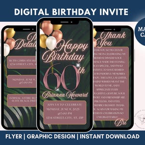 60th Birthday Party Invitation, Rose Gold Digital 60th Glam Dinner Invite Template, 60th Invite Diamond Video Editable Brunch Itinerary