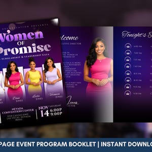 May include: A four-page event program booklet for the Women of Promise 2026 Scholarship and Leadership Gala. The design features a deep purple gradient background, photos of four individuals, a QR code, and a detailed schedule of events.