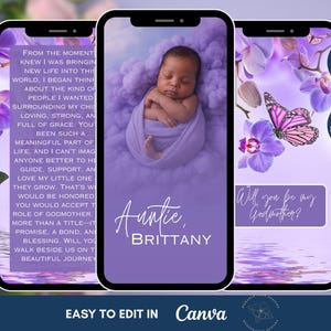 Plantilla editable de "¿Quieres ser mi madrina?", propuesta digital de madrina, morado, preguntar a la madrina, propuesta de madrina en tarjeta virtual, regalo para madrina, plantilla de Canva.