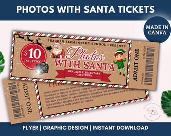 May include: A festive ticket for "Photos With Santa" at Bracken Elementary School. The design features Santa Claus, an elf, and a camera. The ticket is brown with red and green accents and includes the text "ADMIT ONE".