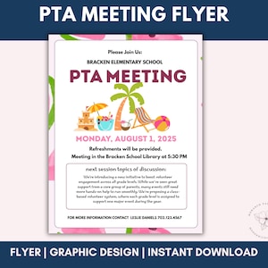 Flyer editável para reunião de pais e professores de julho – modelo Canva com tema de praia de verão, convite para reunião mensal para impressão da PTO da escola