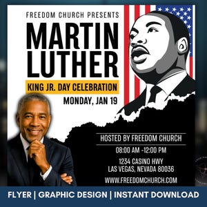 Puede incluir: Un folleto para una celebración del Día de Martin Luther King Jr., con un retrato de Martin Luther King Jr. y la imagen de un hombre sonriente. El folleto incluye detalles del evento, fecha, hora y lugar.