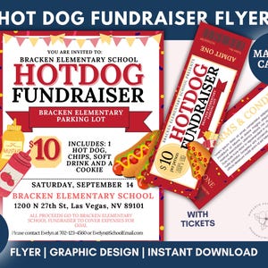 Hot Dog Event Flyer und Ticket-Set, Hot Dog Dinner Flyer, druckbare PTA, PTO, Schulkirche, Teamsport Charity Digital Invite, Canva Edit