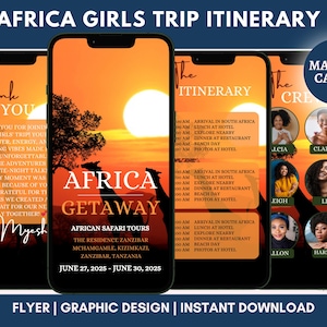 Modèle d'invitation d'itinéraire en Afrique, planificateur de voyage d'une fille en Afrique du Sud, safari d'anniversaire, vacances de voyage, itinéraire pour une escapade de week-end au Ghana