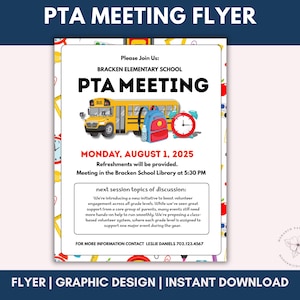 Editable August PTA Meeting Flyer – Back to School Theme Canva Template, PTO School Flyer for Monthly Meeting