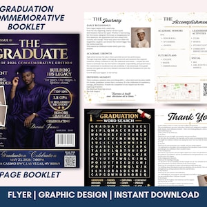 Op de afbeelding: Een gedenkboekje voor de afstuderen met een paars en goud ontwerp. De omslag toont een afgestudeerde in een toga en baret, met de tekst "The Graduate" en "Class of 2026". Binnenin staan pagina's met tekst en afbeeldingen.