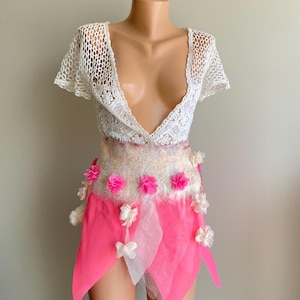 Pink festival skirt with flowers, Neon candy pink girl rave outfit, Pixie skirt, Fairy wrap skirt, Boho skirt belt, Festival outfit, Mini