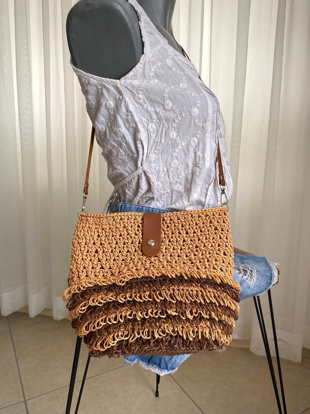 Raffia Fringe Bag Leather Strap, Festival Bag, Crossbody Straw Bag