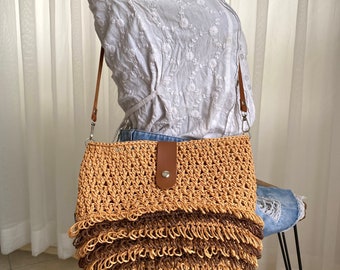 Bandoulière en cuir de sac à franges en raphia, sac de festival, sac à bandoulière en paille, mini sac à bandoulière, sac hobo, joli sac au crochet, cadeau de voyage pour un ami