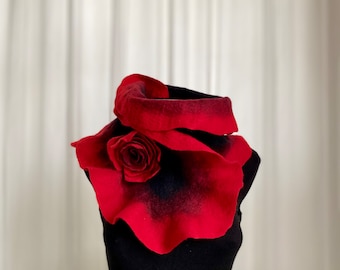 Felted scarf ruffles, Women red scarf, Neck warmer, Winter wool scarves, Black and red collar, Flower scarf, Valentine’s Day gift, Birthday