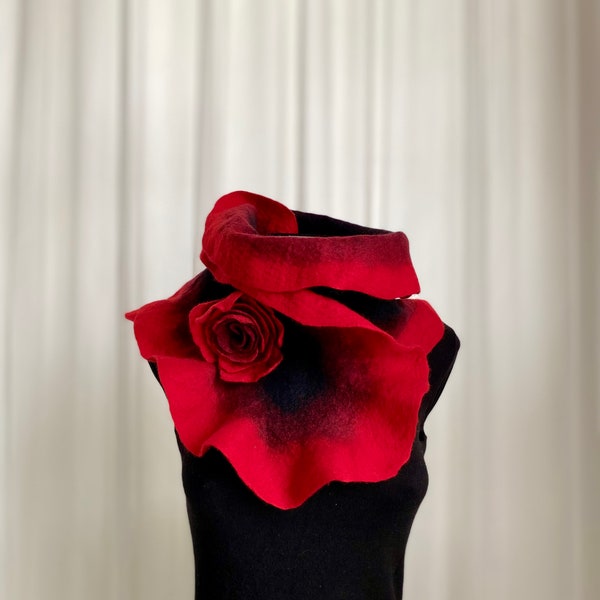 Felted scarf ruffles, Women red scarf, Neck warmer, Winter wool scarves, Black and red collar, Flower scarf, Valentine’s Day gift, Birthday