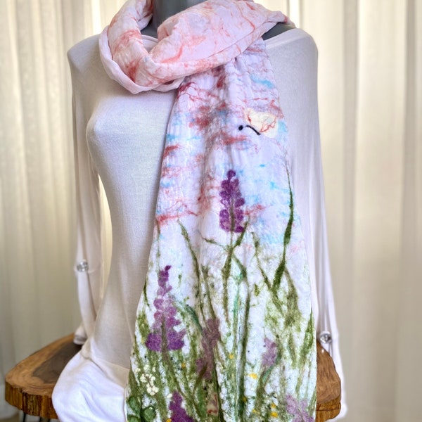 Felt scarf with lilac flowers, Spring scarf, Wear art, Nunofelted lavender scarf, Purple flowers, Butterfly scarf, Birthday gift, for mother