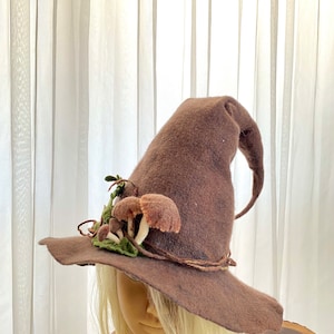 Felted woodland witch hat with mushrooms, Brown forest wizard hat, Halloween costume, Magic mystery hat, Cosplay hat, Festival hat, Elf hat