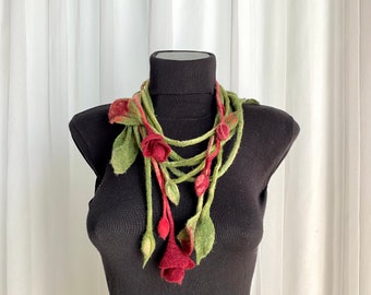 Red scarf necklace, Felted fairy necklace, Felt flower necklace, Fall scarf, Handmade jewelry, Wool cowl, Mother birthday gift from daughter