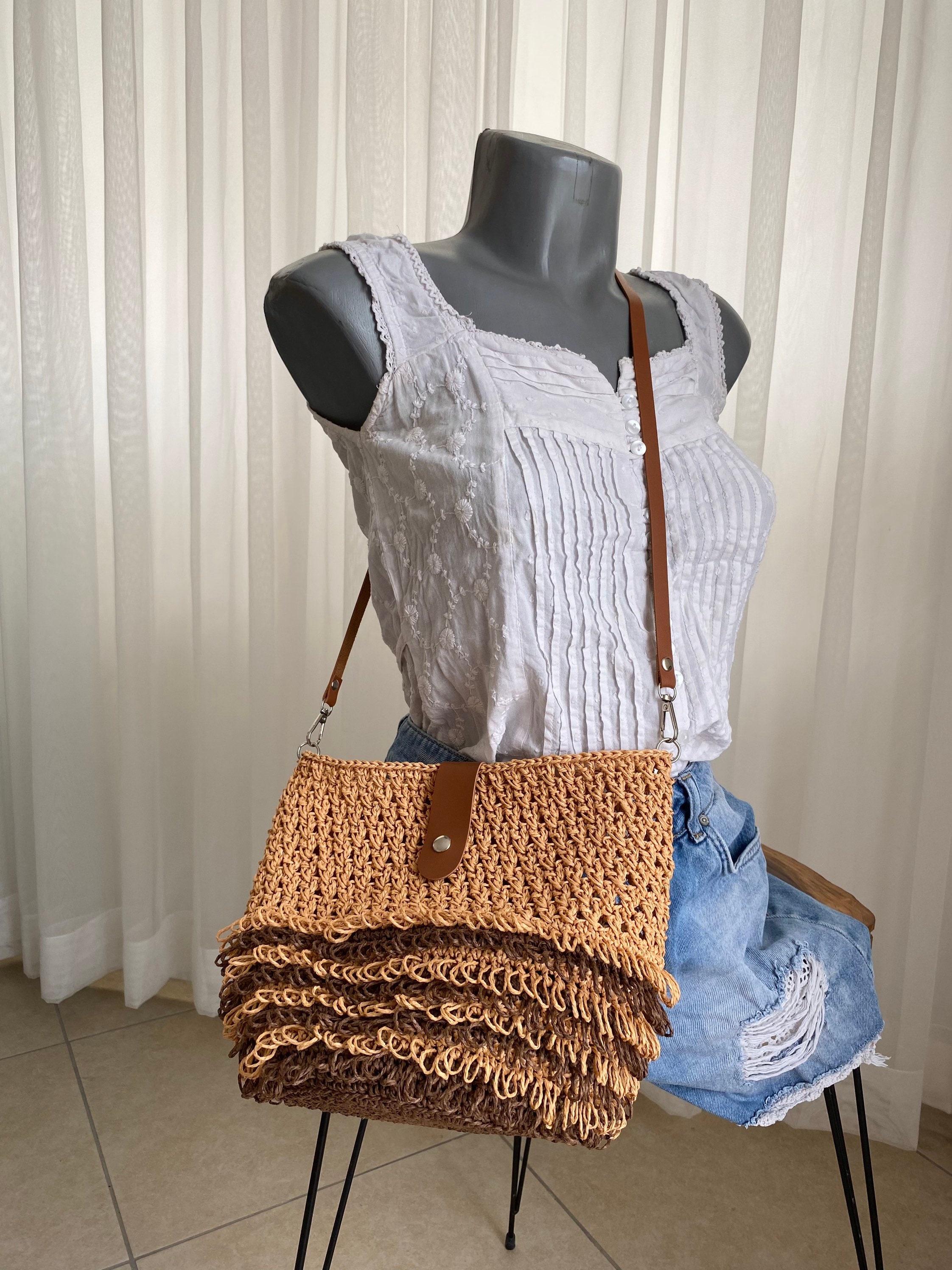Raffia Fringe Bag Leather Strap, Festival Bag, Crossbody Straw Bag
