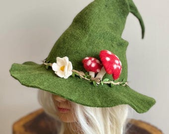 Felted Green Witch Hat: Mushroom & Daisy Forest Wizard Costume