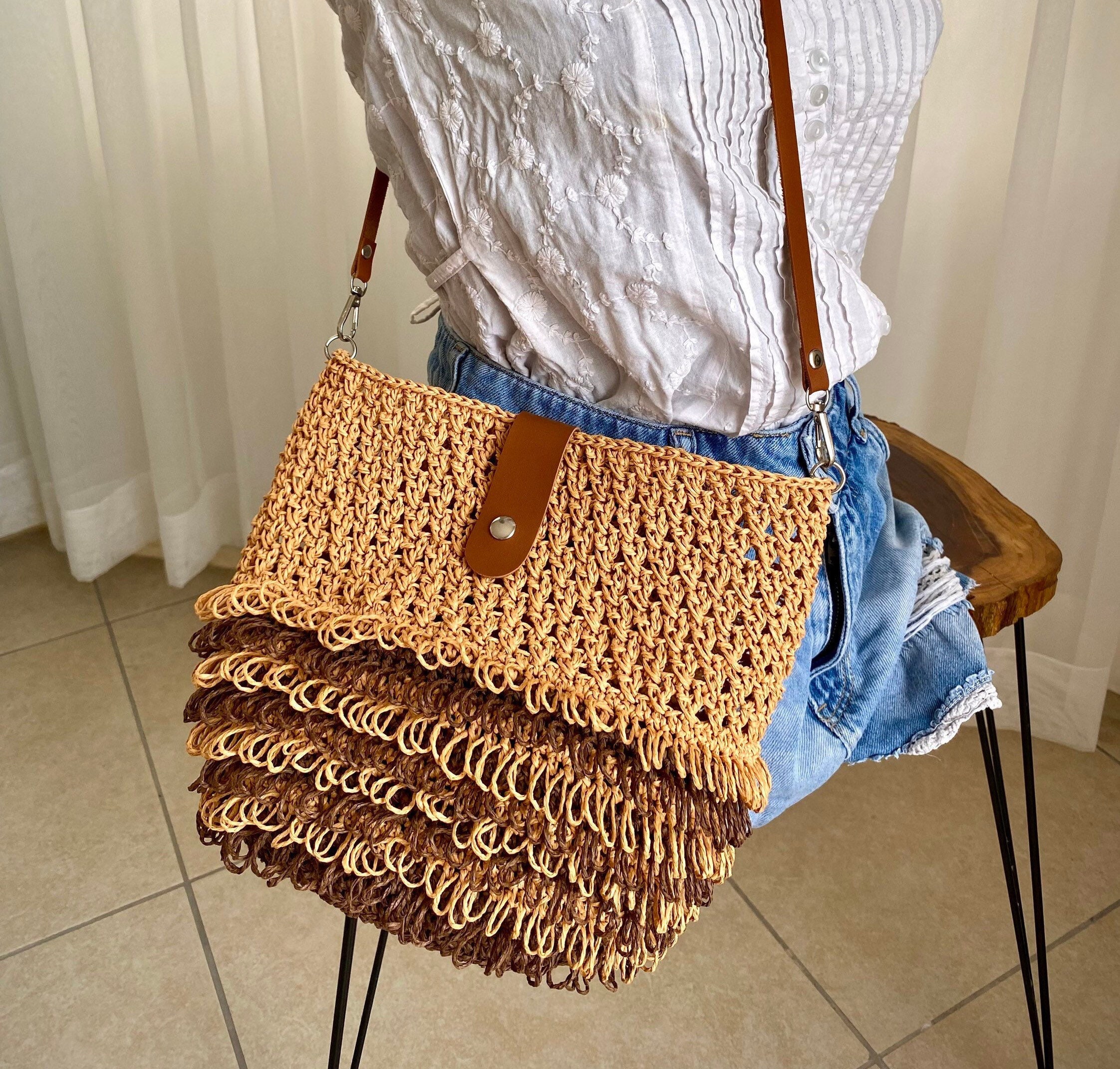 Raffia Fringe Bag Leather Strap, Festival Bag, Crossbody Straw Bag