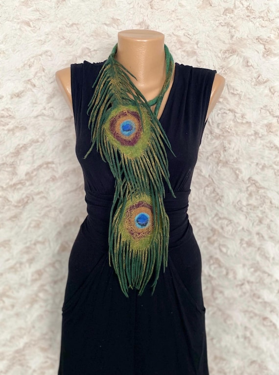 Felted Necklace, Boho peacock feather necklace, Textile jewelry
