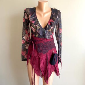 Burgundy fairy belt with magic pocket, Festival clothing, Renaissance outfit with lace, Romantic Witch Pixie Druid accessory, Boho skirt