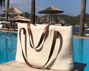 Large felted bag, Cream felt bag, Casual bag, Wool bag, Women purse, Shoulder bag with leather trim, Birthday gift, for mother, for sister,