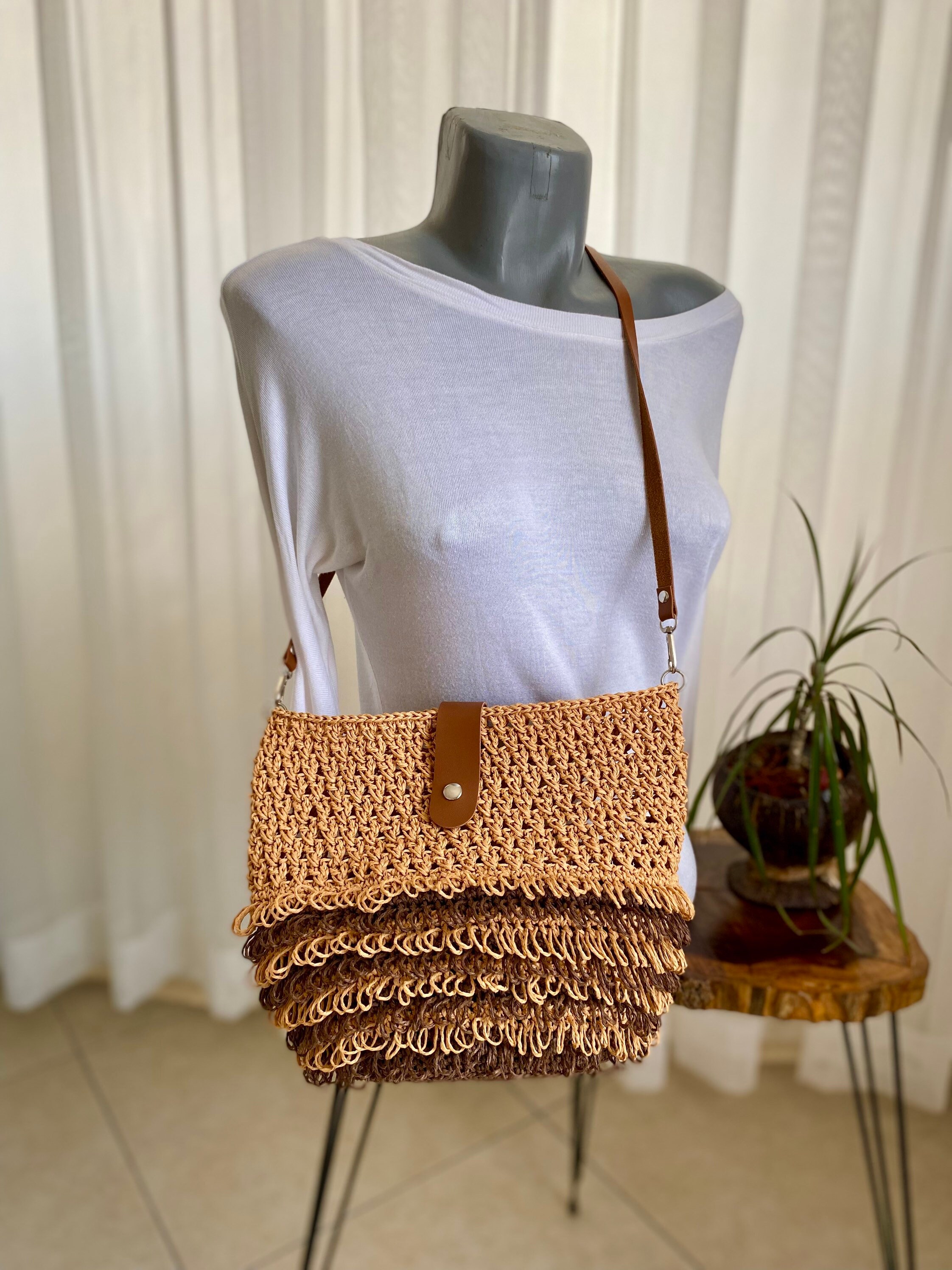 Raffia Fringe Bag Leather Strap, Festival Bag, Crossbody Straw Bag