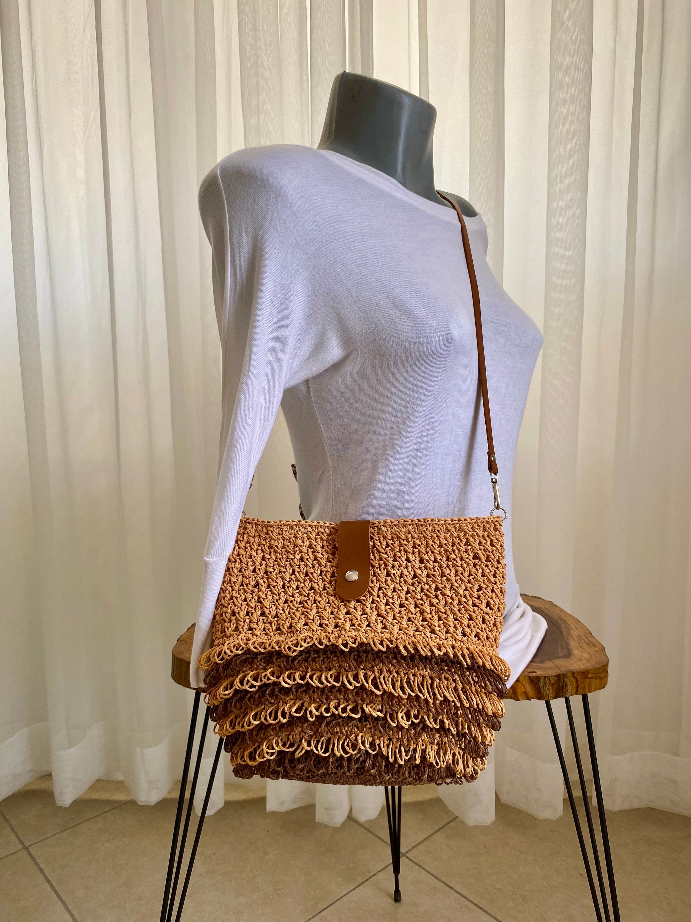 Raffia Fringe Bag Leather Strap, Festival Bag, Crossbody Straw Bag