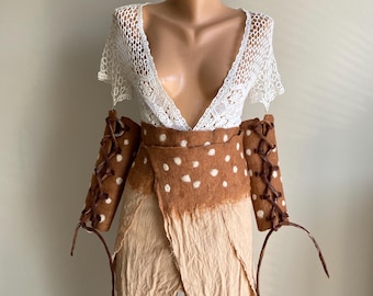 Brown Felted Wool Fairy Skirt: Deer Pattern Renaissance Costume
