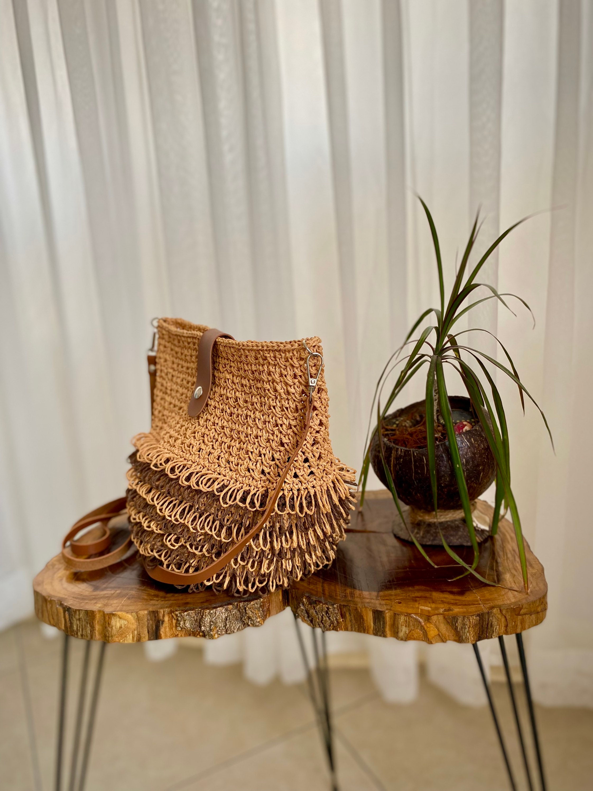 Raffia Fringe Bag Leather Strap, Festival Bag, Crossbody Straw Bag